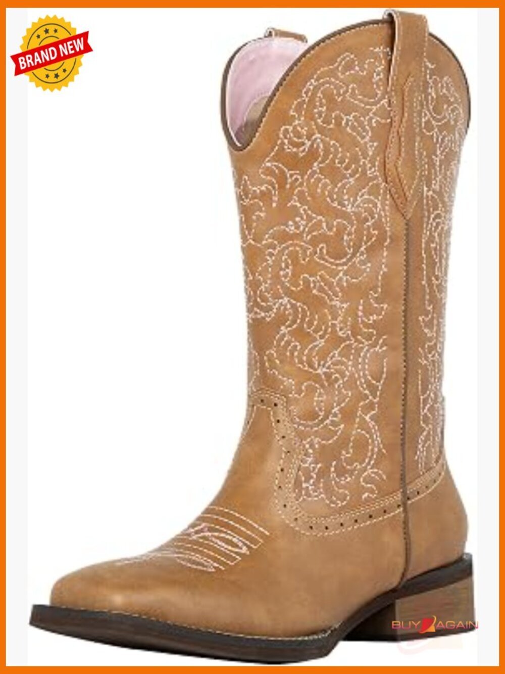 Wide Square Toe Western Cowgirl Boots Mid Calf Pull On Embroidered